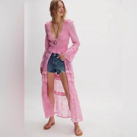 NWT FREE PEOPLE Sweet Saloon Maxi Dress Bodysuit in Festival PinkLarge
